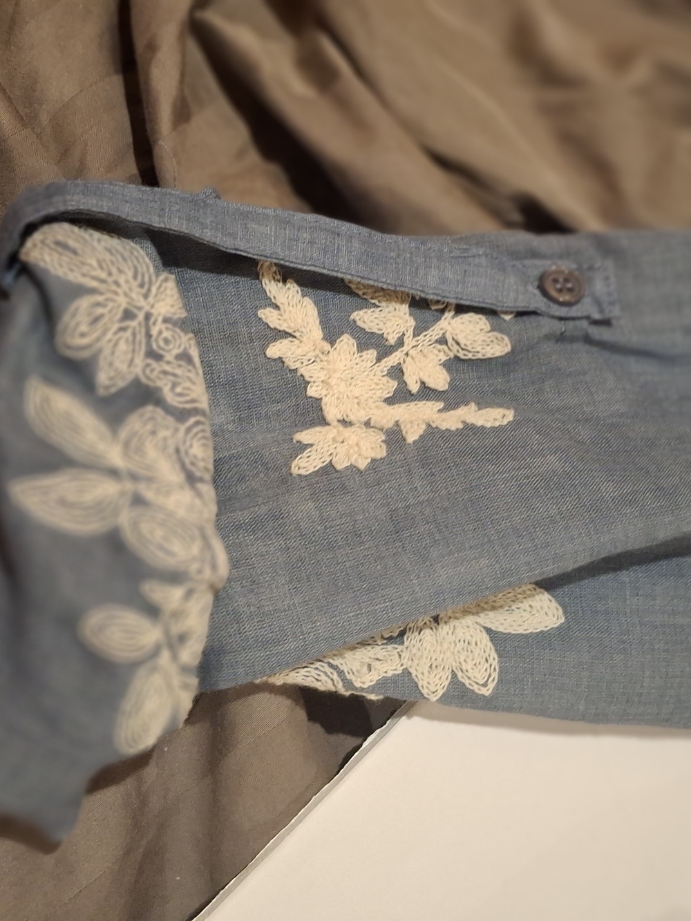Blue Appliqued Floral Button-Front Mini Dress - Picture 7 of 16